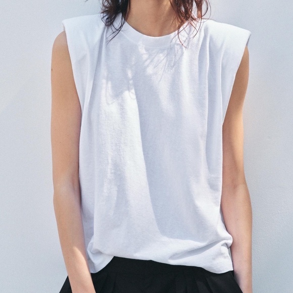 NWT! Zara White Cut-Off Sleeve T-Shirt | Size Small - Picture 1 of 6